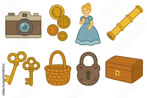 Antique Collectible Icons. Flat vector mini-illustrations antique collectibles in colors children's illustrations: vintage camera,