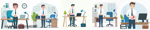 Cartoon Style Businessman Standing in Various Office Poses Illustration Set