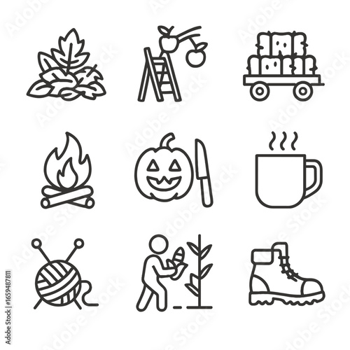 Autumn Icon Collection. Outline icon set of autumn activities: leaf pile, apple picking, hayride, bonfire, pumpkin carving, cider