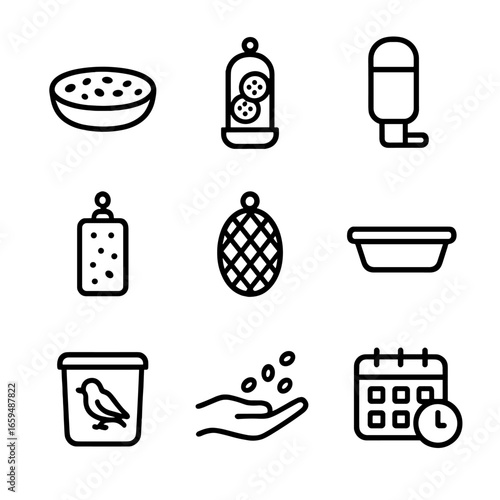 Aviary Feeding Icons. Outline icon set of aviary feeding: seed bowl, fruit feeder, water bottle, mineral block, insect feeder,