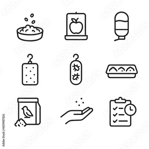 Aviary Feeding Icons. Outline icon set of aviary feeding: seed bowl, fruit feeder, water bottle, mineral block, insect feeder,