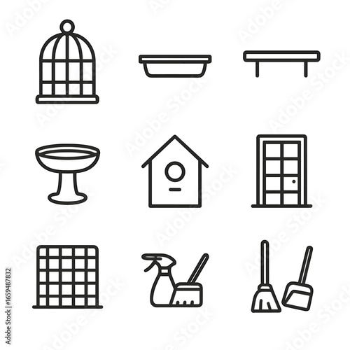 Aviary Icon Set. Outline icon set of aviary: bird cage, feeding tray, water dispenser, perch, bird bath, nesting box, aviary door,