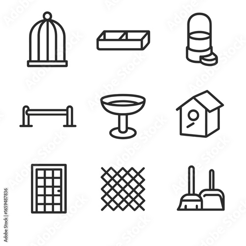 Aviary Icon Set. Outline icon set of aviary: bird cage, feeding tray, water dispenser, perch, bird bath, nesting box, aviary door,