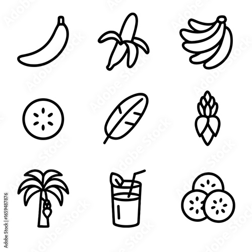 Banana Icon Set. Outline icon set of banana fruits: whole banana, peeled banana, banana bunch, banana slice, banana leaf, banana