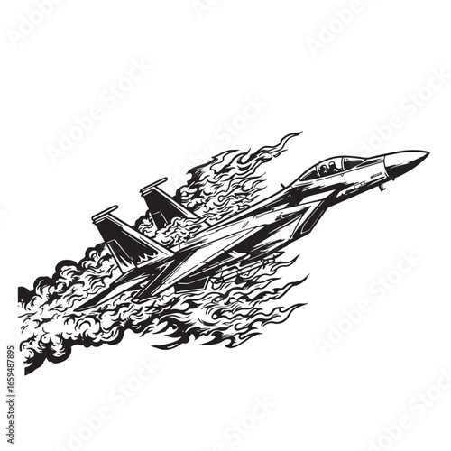 Illustration of a jet fighter in flight depicting speed and power with stylized flames