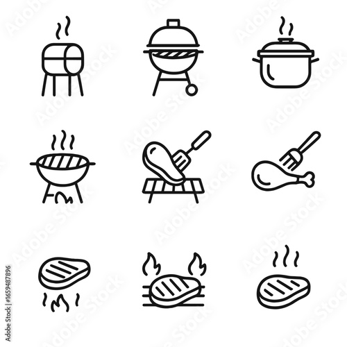 Barbecue Techniques Icons. Outline icon set of barbecue techniques: smoking, grilling, slow cooking, flipping, basting, searing,