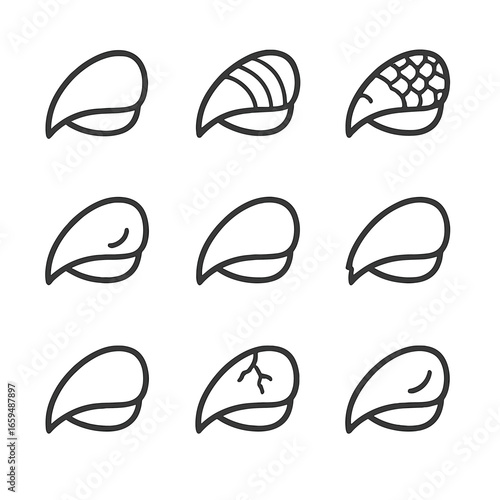 Beak Texture Icons. Outline icon set of beak textures: smooth keratin, ridged surface, scaly texture, glossy finish, matte surface
