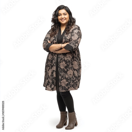 Confident Female Model in Casual Black and Floral Outfit with Accessories – Indoor Studio Portrait Capturing Modern Urban Fashion and Diversity
