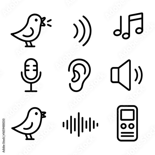 Bird Call Icon Set. Outline icon set of bird call: bird singing, sound waves, musical notes, microphone, ear listening, speaker,