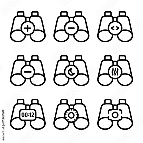 Binocular Icon Set. Outline icon set of binocular viewing: zoom in, zoom out, wide view, narrow view, night vision mode, thermal
