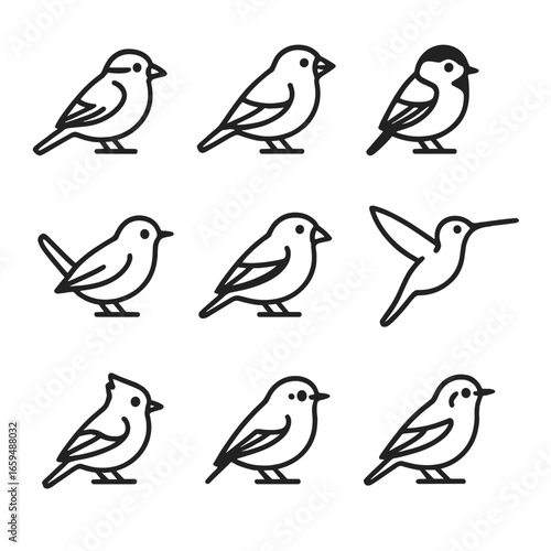 Bird Outline Icons. Outline icon set of small bird: sparrow, finch, chickadee, wren, goldfinch, hummingbird, titmouse, kinglet,