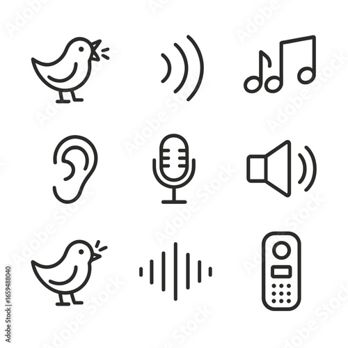 Bird Call Icon Set. Outline icon set of bird call: bird singing, sound waves, musical notes, microphone, ear listening, speaker,