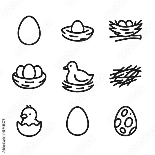 Bird Egg Icon Set. Outline icon set of big bird eggs and nests: large egg, ground nest, tree nest, clutch of eggs, incubating bird