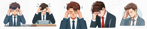 Cartoon Diverse Stressed Businessman Character Set with Headache and Tired Expression Illustration