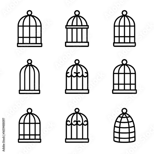 Birdcage Materials Icons. Outline icon set of birdcage materials: metal, wood, plastic, bamboo, wrought iron, stainless steel,