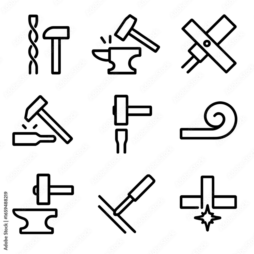 Fototapeta premium Blacksmith Technique Icons. Outline icon set of blacksmith metalworking techniques: twisting, punching, riveting, drawing out,