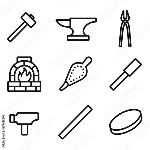 Blacksmith Tools Icons. Outline icon set of blacksmith tools: hammer, anvil, tongs, forge, bellows, chisel, hammerhead, metal rod,