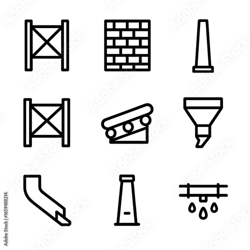 Blast Furnace Icons. Outline icon set of blast furnace structural elements: steel frame, brick lining, chimney, support beams,