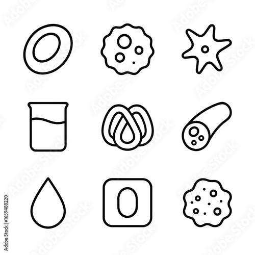 Blood Component Icons. Outline icon set of blood components: red blood cell, white blood cell, platelet, plasma, hemoglobin, blood