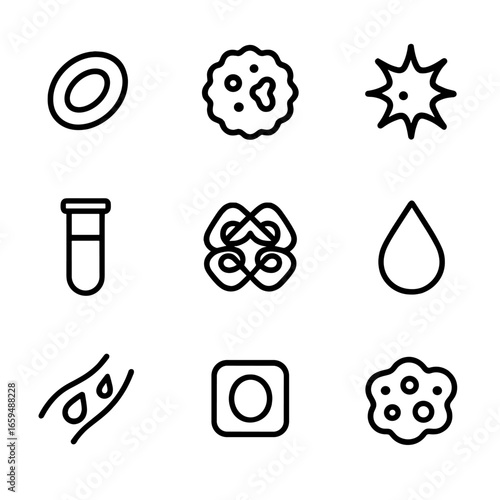 Blood Component Icons. Outline icon set of blood components: red blood cell, white blood cell, platelet, plasma, hemoglobin, blood