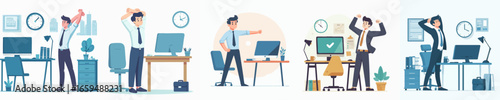 Flat Illustration Man Stretching in The Office During Working Hours