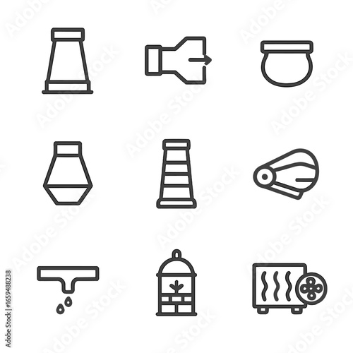 Blast Furnace Icons. Outline icon set of blast furnace components: furnace tower, tuyere, hearth, bosh, stack, bellows, slag tap
