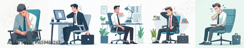 Flat Illustration Set Of Overworked Office Worker Sitting on the Chair