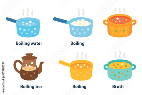 Boiling Liquids Grid. Flat vector mini-illustrations boiling liquids in colors children's illustrations: boiling water, boiling