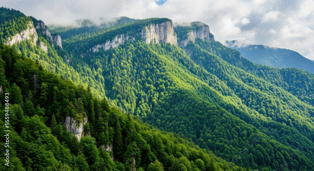 Fototapeta premium Lush green mountain slopes covered in dense forest under a cloudy sky landscape