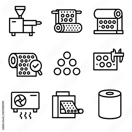 Bubble Wrap Production Icons. Outline icon set of bubble wrap manufacturing: extrusion machine, bubble forming, roll winding,