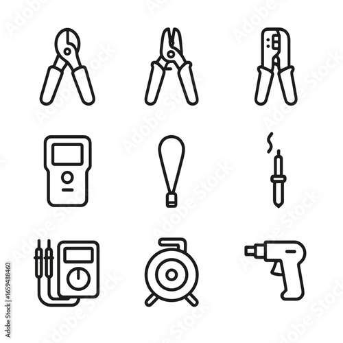 Cable Tools Icon Set. Outline icon set of cable tools: cable cutter, wire stripper, crimping tool, cable tester, cable tie,