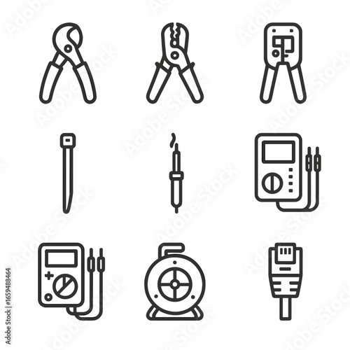 Cable Tools Icon Set. Outline icon set of cable tools: cable cutter, wire stripper, crimping tool, cable tester, cable tie,