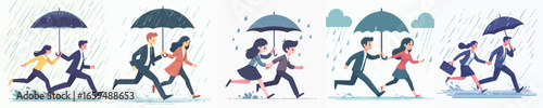 Flat Illustration Couple Running Under Umbrella in The Rain Cartoon Style