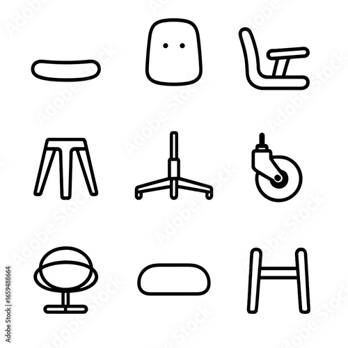 Chair Parts Icons. Outline icon set of plastic chair parts: seat, backrest, armrest, legs, swivel base, casters, footrest, cushion