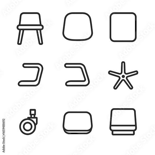 Chair Parts Icons. Outline icon set of chair parts: legs, seat, backrest, armrests, base, wheels, cushion, frame, supports. Line