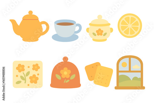 Afternoon Tea Icons. Flat vector mini-illustrations afternoon tea relax in colors children's illustrations: teapot, teacup, sugar