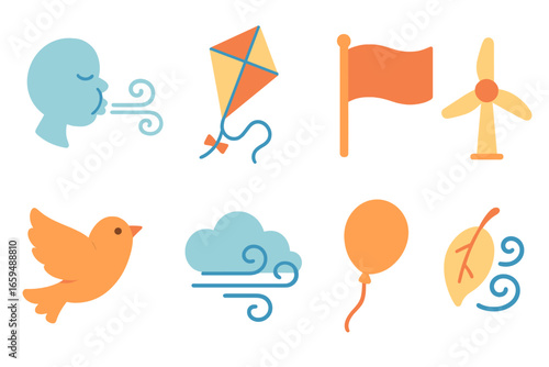Air Current Icons. Flat vector mini-illustrations air current in colors children's illustrations: blowing wind, flying kite,