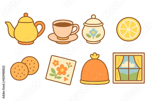 Afternoon Tea Icons. Flat vector mini-illustrations afternoon tea relax in colors children's illustrations: teapot, teacup, sugar