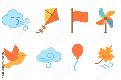 Air Current Icons. Flat vector mini-illustrations air current in colors children's illustrations: blowing wind, flying kite,
