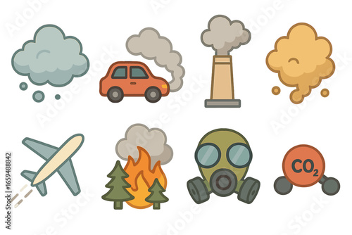 Air Pollution Icons. Flat vector mini-illustrations air pollution in colors children's illustrations: smog cloud, vehicle exhaust,