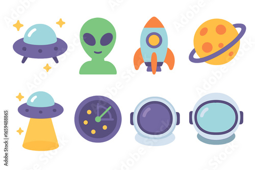 Alien Icons Adventure. Flat vector mini-illustrations alien encounter in colors children's illustrations: UFO, alien, spaceship,