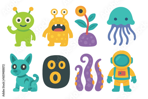 Alien Creature Icons. Flat vector mini-illustrations alien creatures in colors children's illustrations: friendly alien, space