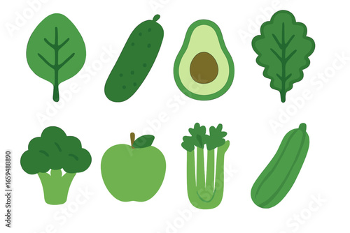 Alkaline Food Icons. Flat vector mini-illustrations alkaline foods in colors children's illustrations: spinach leaf, cucumber,
