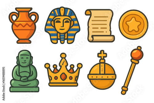 Children's Artifact Icons. Flat vector mini-illustrations precious artifacts in colors children's illustrations: ancient vase,