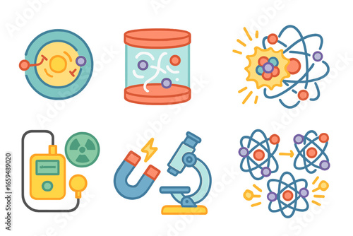 Atomic Science Icons. Flat vector mini-illustrations atomic experiments in colors children's illustrations: particle collider,