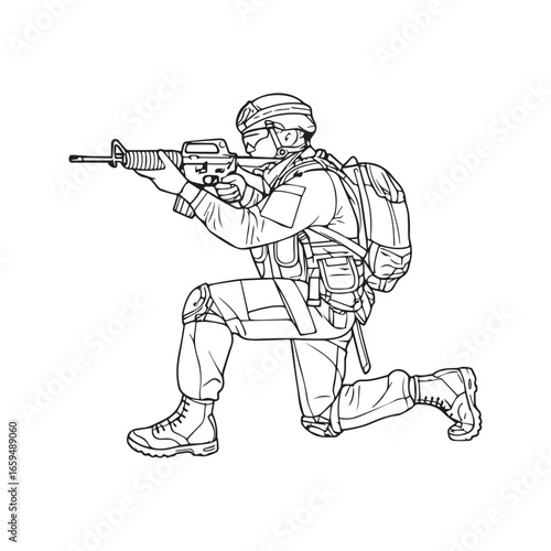 Kneeling soldier aiming a rifle, line art vector illustration.
