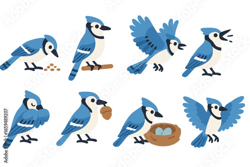 Blue Jay Behaviors. Flat vector mini-illustrations blue jay behaviors in colors children's illustrations: jay feeding, jay perched