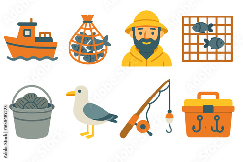 Briny Saltwater Fishing Icons. Flat vector mini-illustrations briny saltwater fishing in colors children's illustrations: fishing