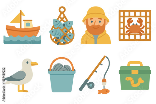 Briny Saltwater Fishing Icons. Flat vector mini-illustrations briny saltwater fishing in colors children's illustrations: fishing