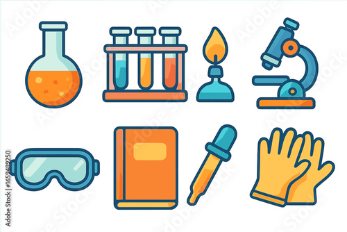 Children's Science Icons. Flat vector mini-illustrations experiments in colors children's illustrations: chemical flask, test
